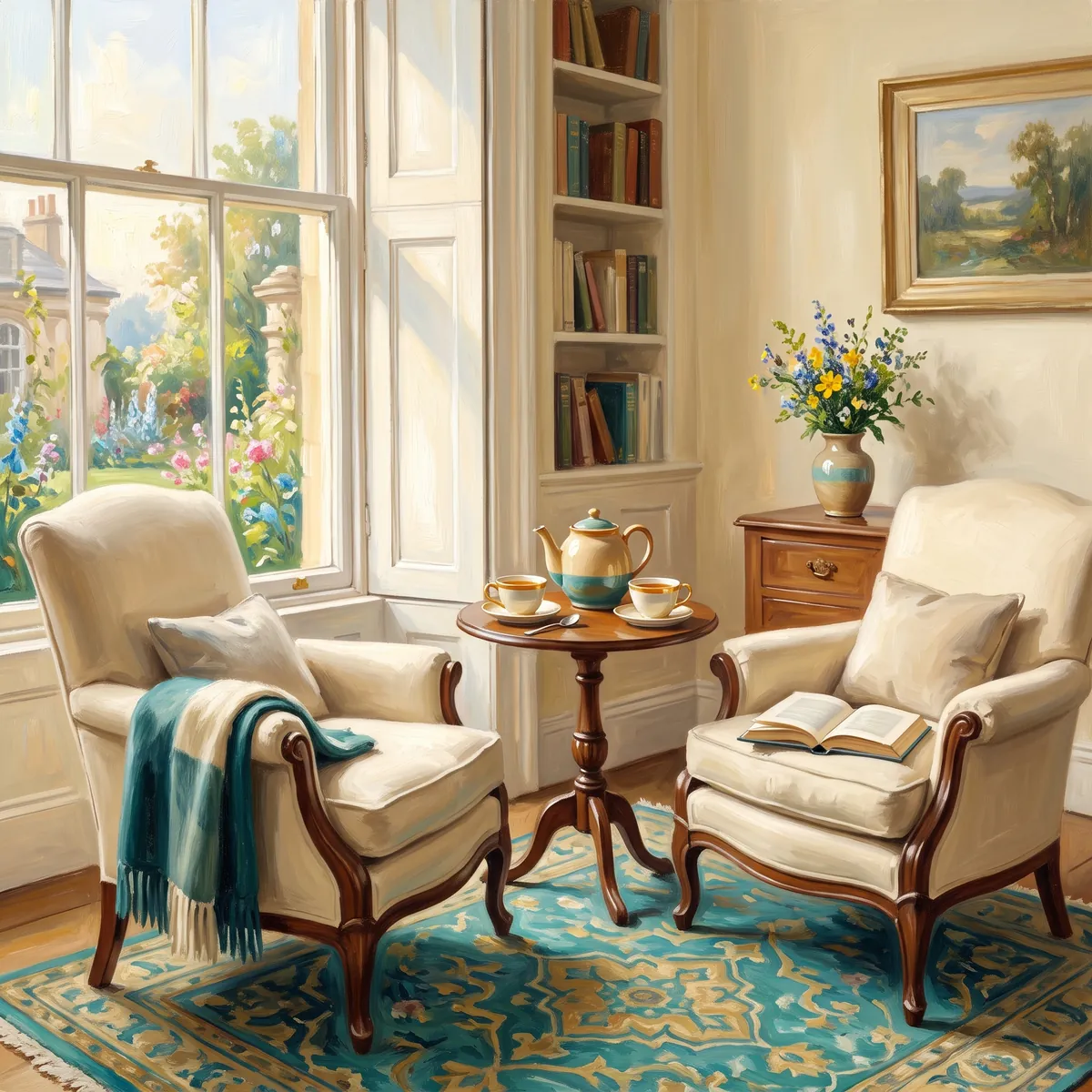 Circular painting of two armchairs facing each other by a sunlit window.