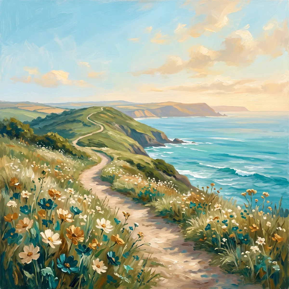 Circular painting of a footpath along a green coast above a turquoise sea.