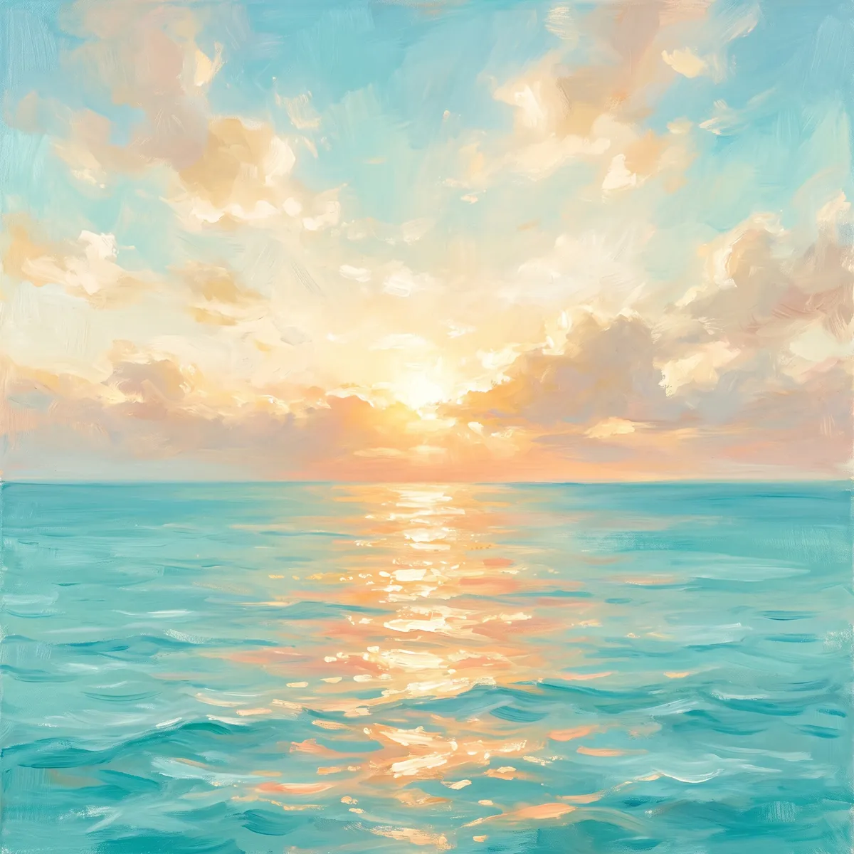 Circular painting of sunrise over a calm turquoise sea.
