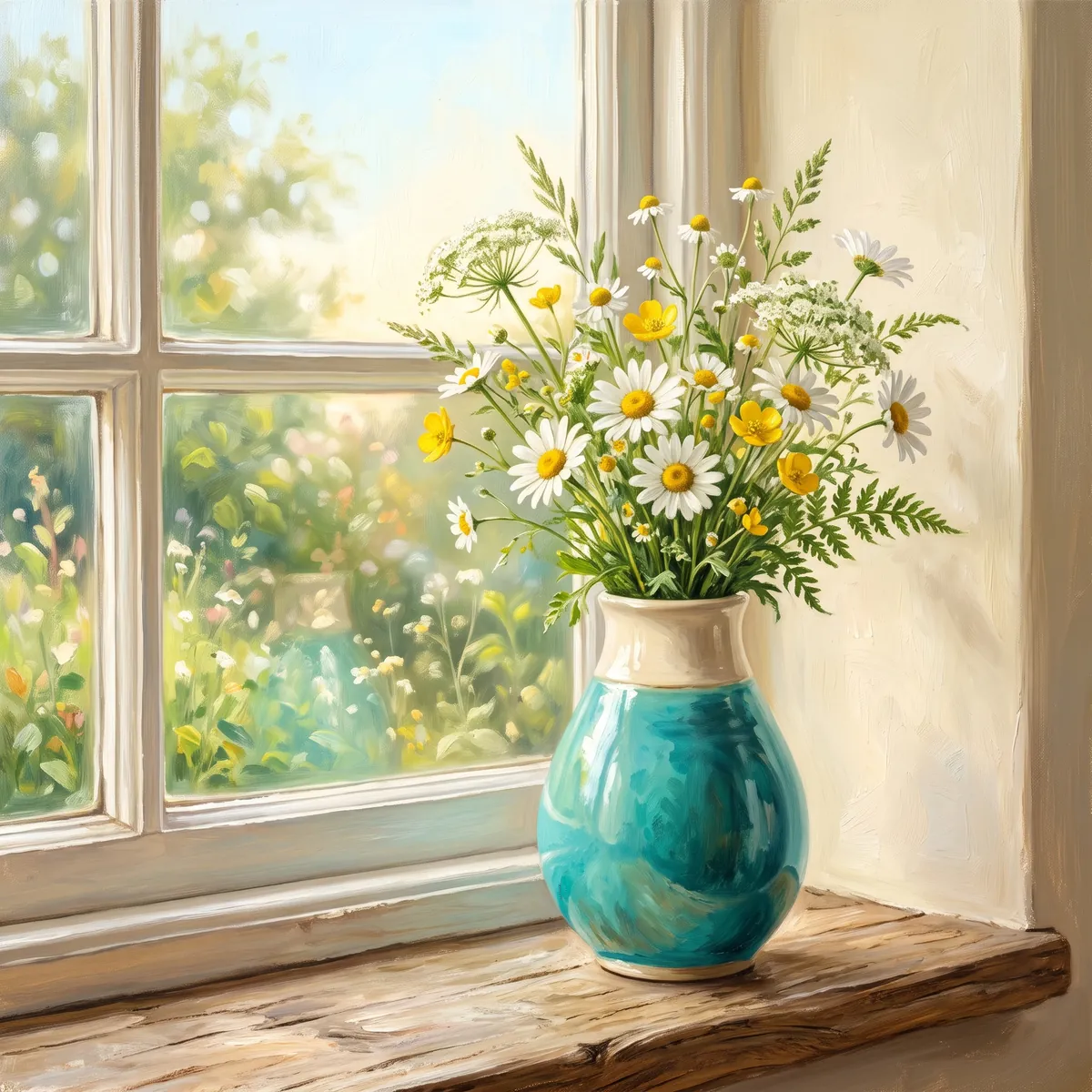 Circular painting of a turquoise vase of wildflowers on a sunlit windowsill.