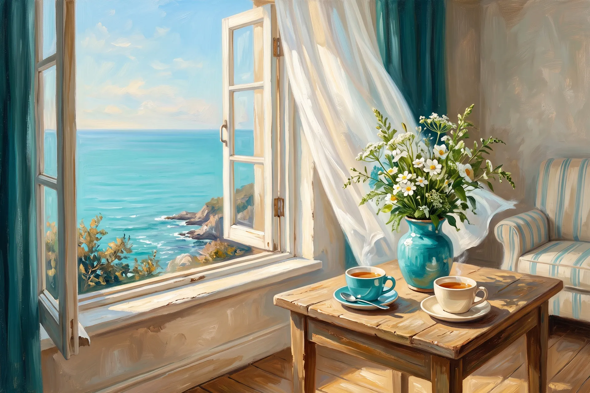 A classical oil painting of a bright morning room with an open window, wildflowers and two cups of tea.